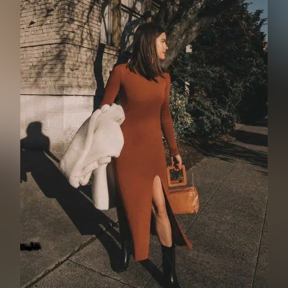 Rust Ribbed BodyCon Long Sleeve Dress Midi - Picture 2 of 6
